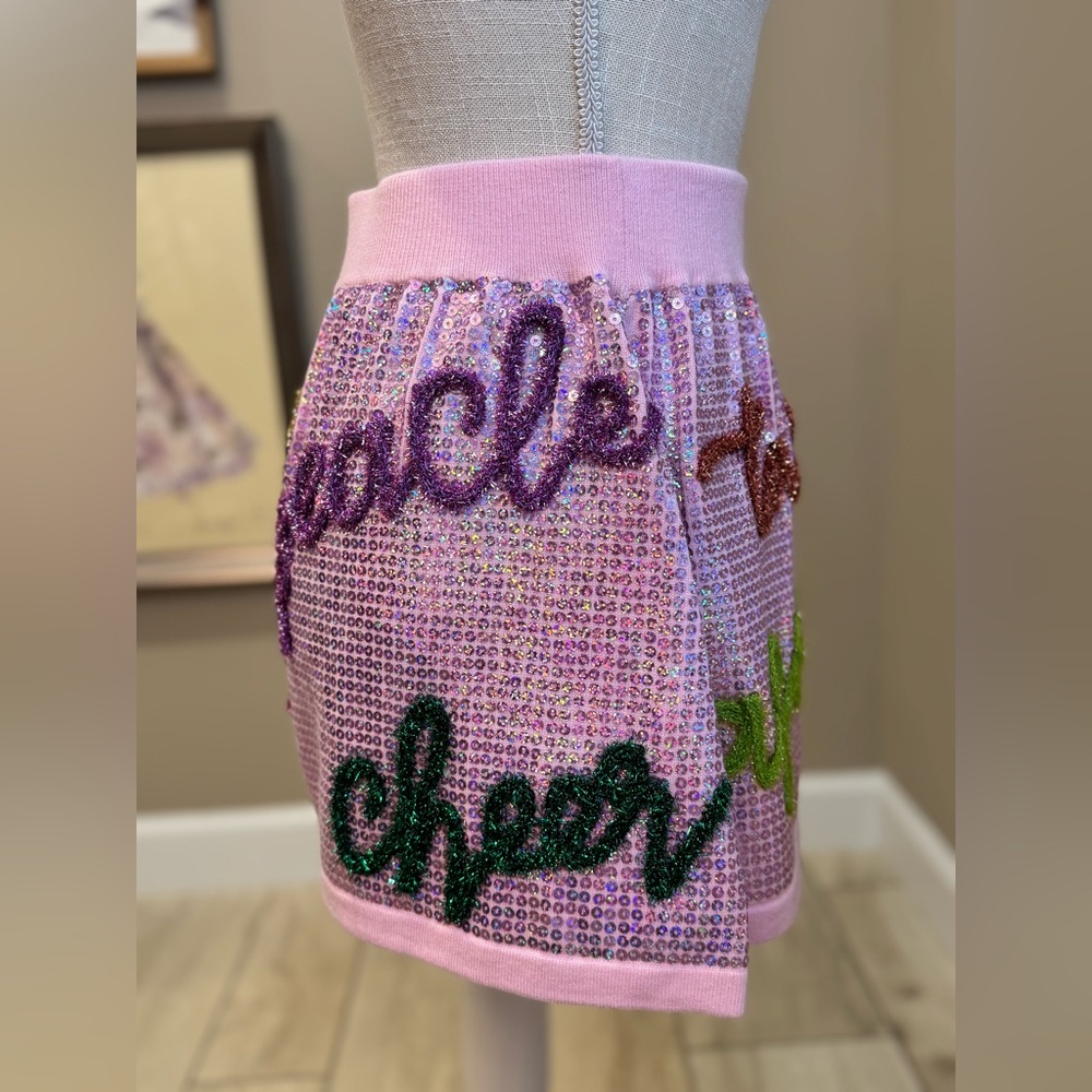 New! QUEEN OF SPARKLES Set! Pink Sequin Holiday Words Cardigan & Skirt Set - Picture 13 of 14